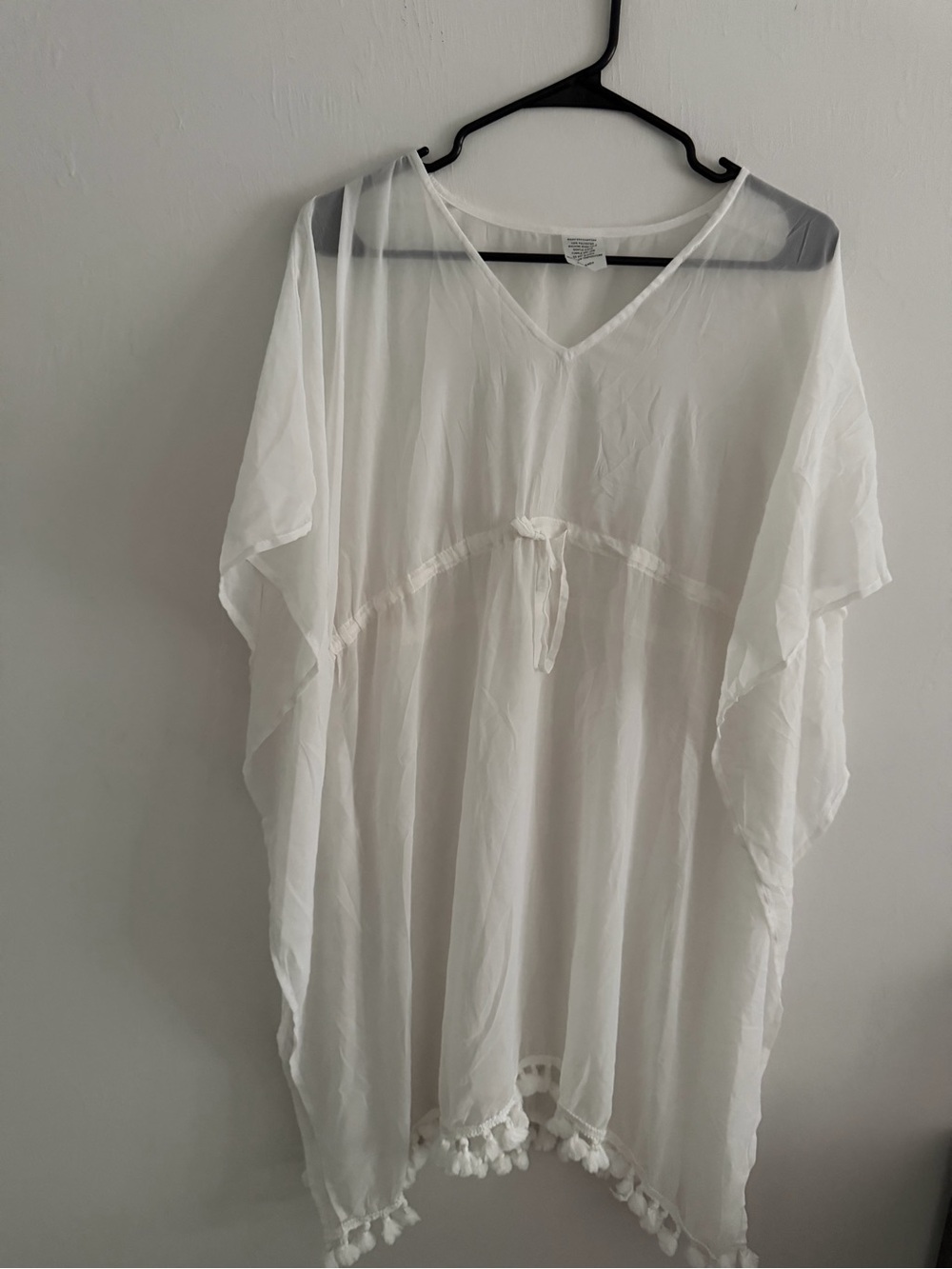 White Sheer V-Neck Pom Trim Beach Cover-Up